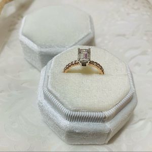 White Velvet Ring Box Octagon Shape Double Slots
